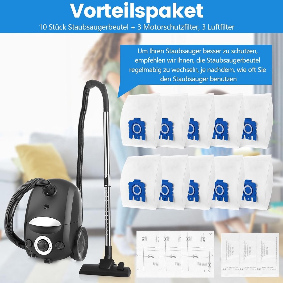 10 Stofzakken voor Miele HyClean Pure GN met 3 Motorfilters en 3 Uitlaatfilters - Accessoires voor Stofzuigers C1, C2, C3, S2, S5, S8 en S Series