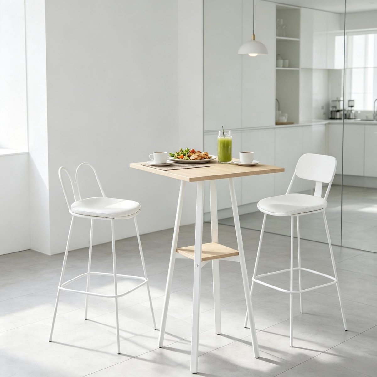 MODFU Bartafel Met Onderste Opbergplank - Vierkant - Houtlook En Wit Metaal - 55 X 55 X 95 Cm Eiken