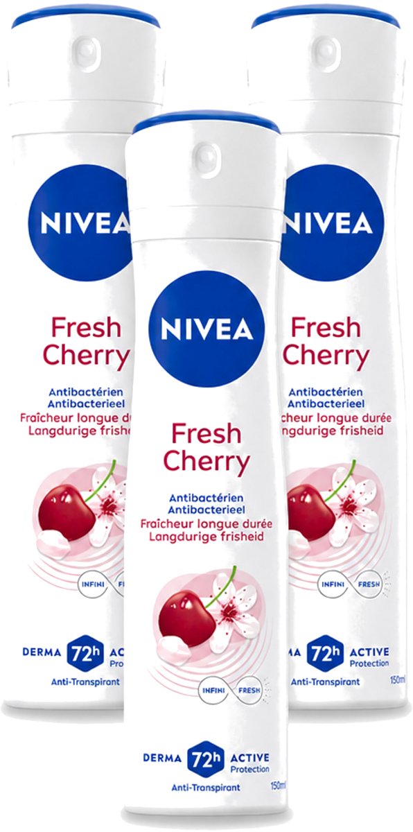 3 x Nivea - Anti-Transpirant Deodorant - Fresh Cherry - 150 ml - Bulkverpakking - 3 stuks