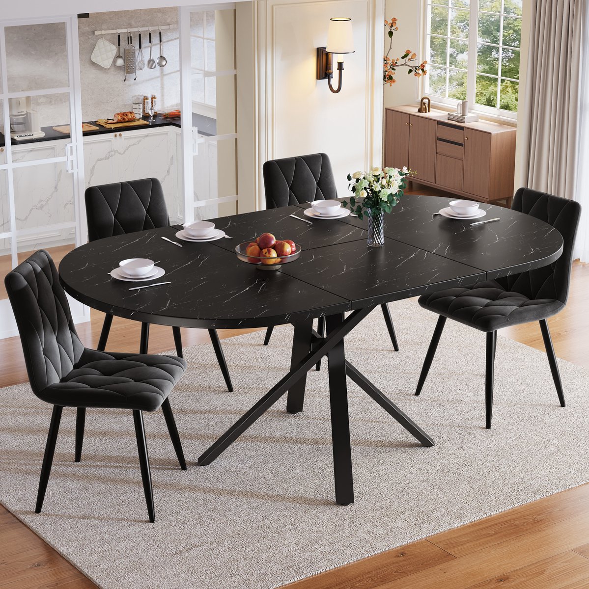 MODFU - Eettafelset - Uitschuifbare Ronde Tafel - Modern - MDF - Zwart - 4 Velours Stoelen