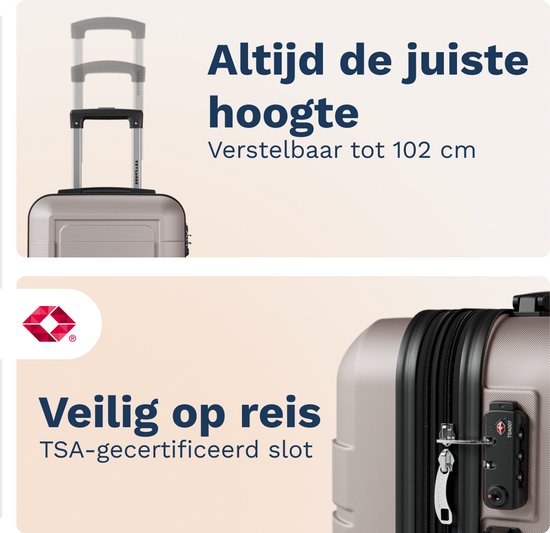 Trolleyhandvat van een lichtbruine koffer, en een TSA-gecertificeerd slot.
