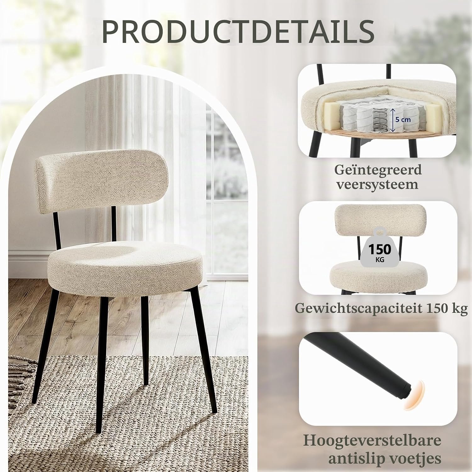 Livia Bouclé Eetkamerstoelen Set van 6 – Beige, Gestoffeerde Eetkamerstoelen met Zachte Bouclé Bekleding, Ergonomische Split-Rugleuning en Zwart Metalen Onderstel