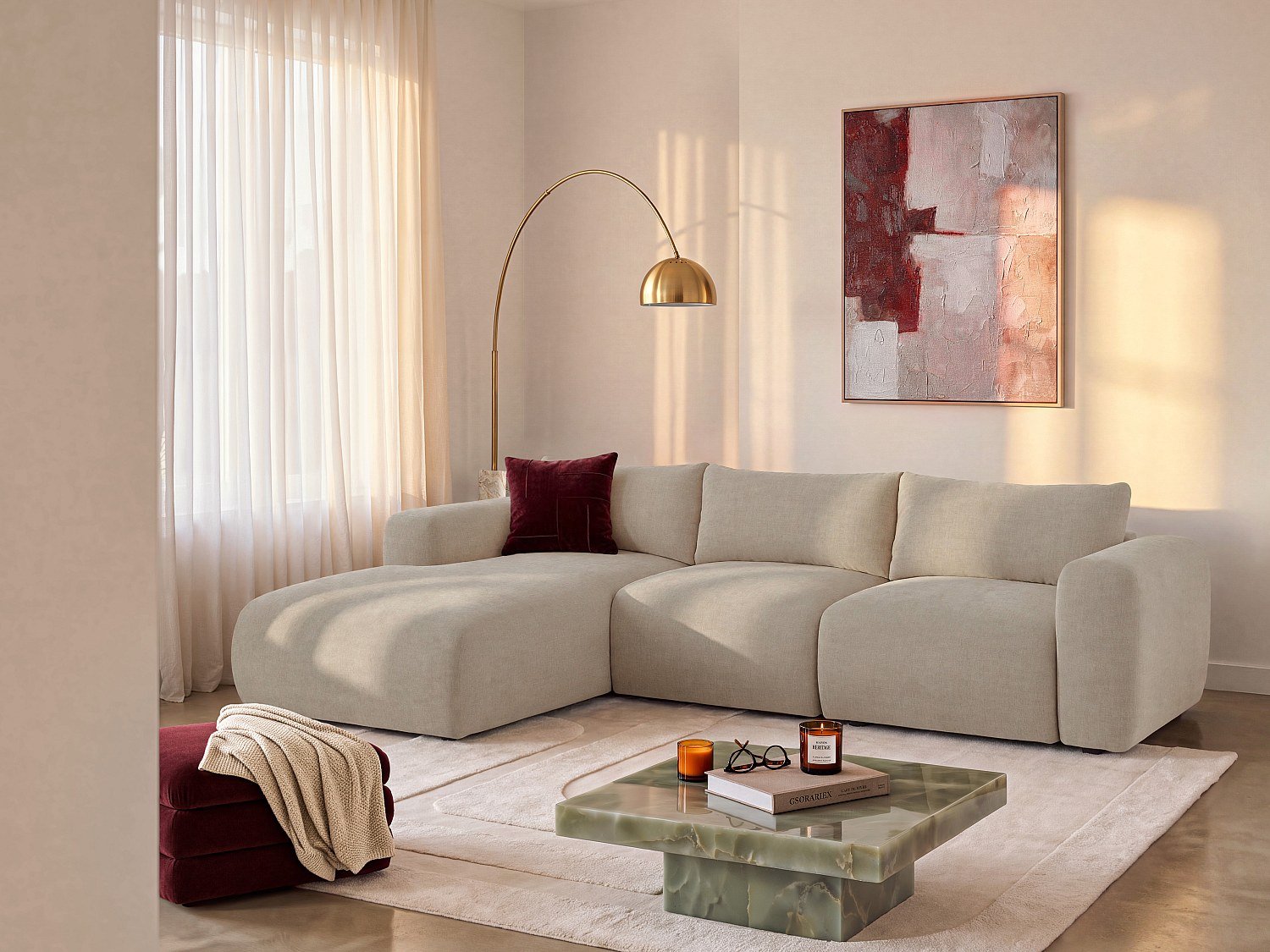 Vente-unique Hoekbank links in beige stof POLIRIA