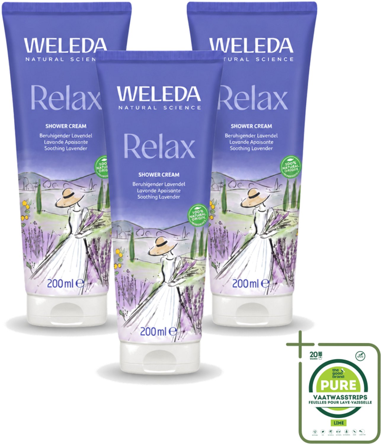 3 x WELEDA - Douchecrème Aroma Shower Relax - 200 ml - Grootverpakking - Vaatwasstrips - Douchecrème - Ontspanning - Aromatherapie - Natuurlijke Douchecrème - Lavendel