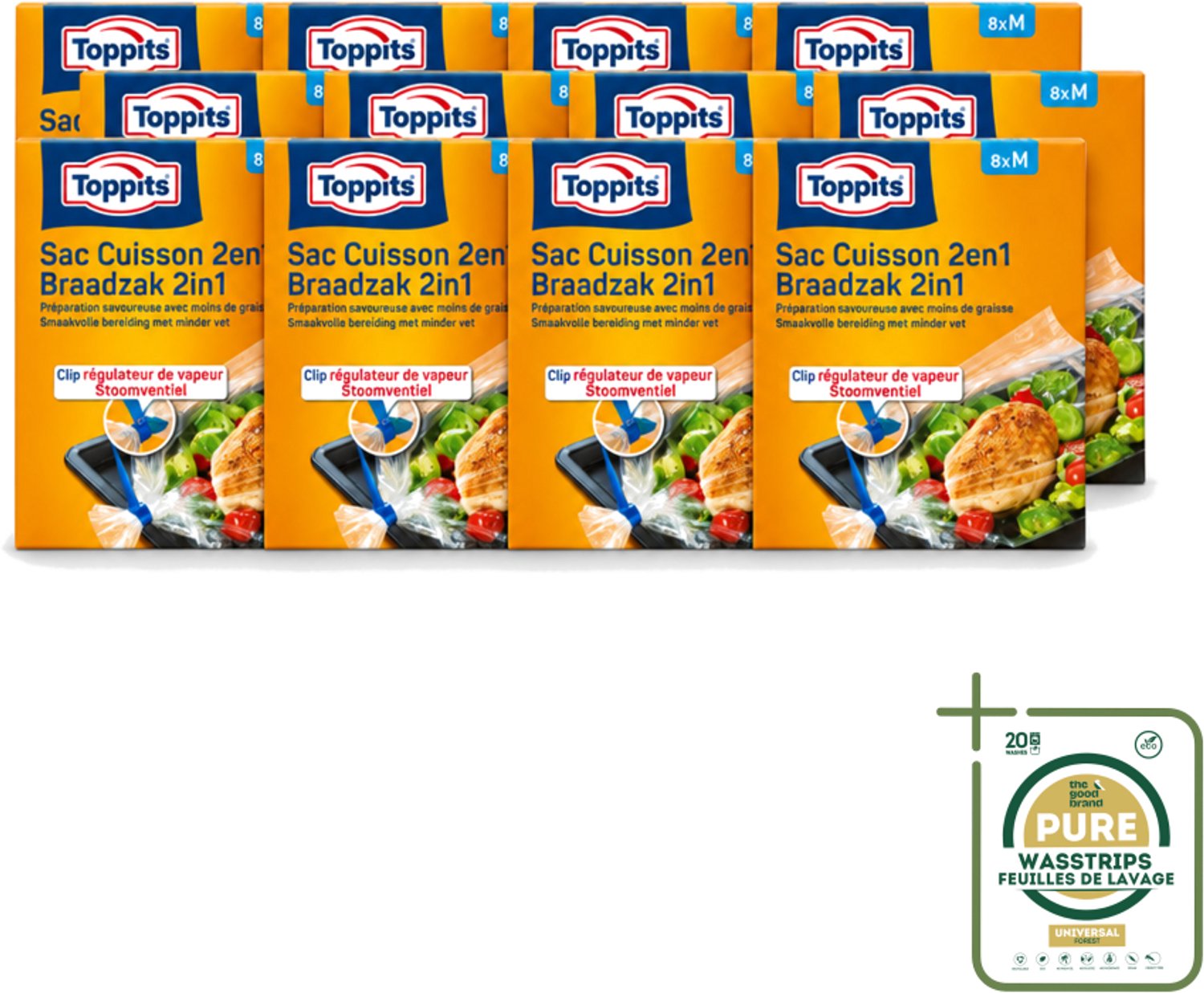 12 x Toppits – 2-in-1 Braad- & Stoomzakken – Maat M – 8 Zakjes - Wasstrips - Braadzak Oven - Stoomzak Oven - Oven Bakken - Magnetron Bakken - Vetvrije Bakken