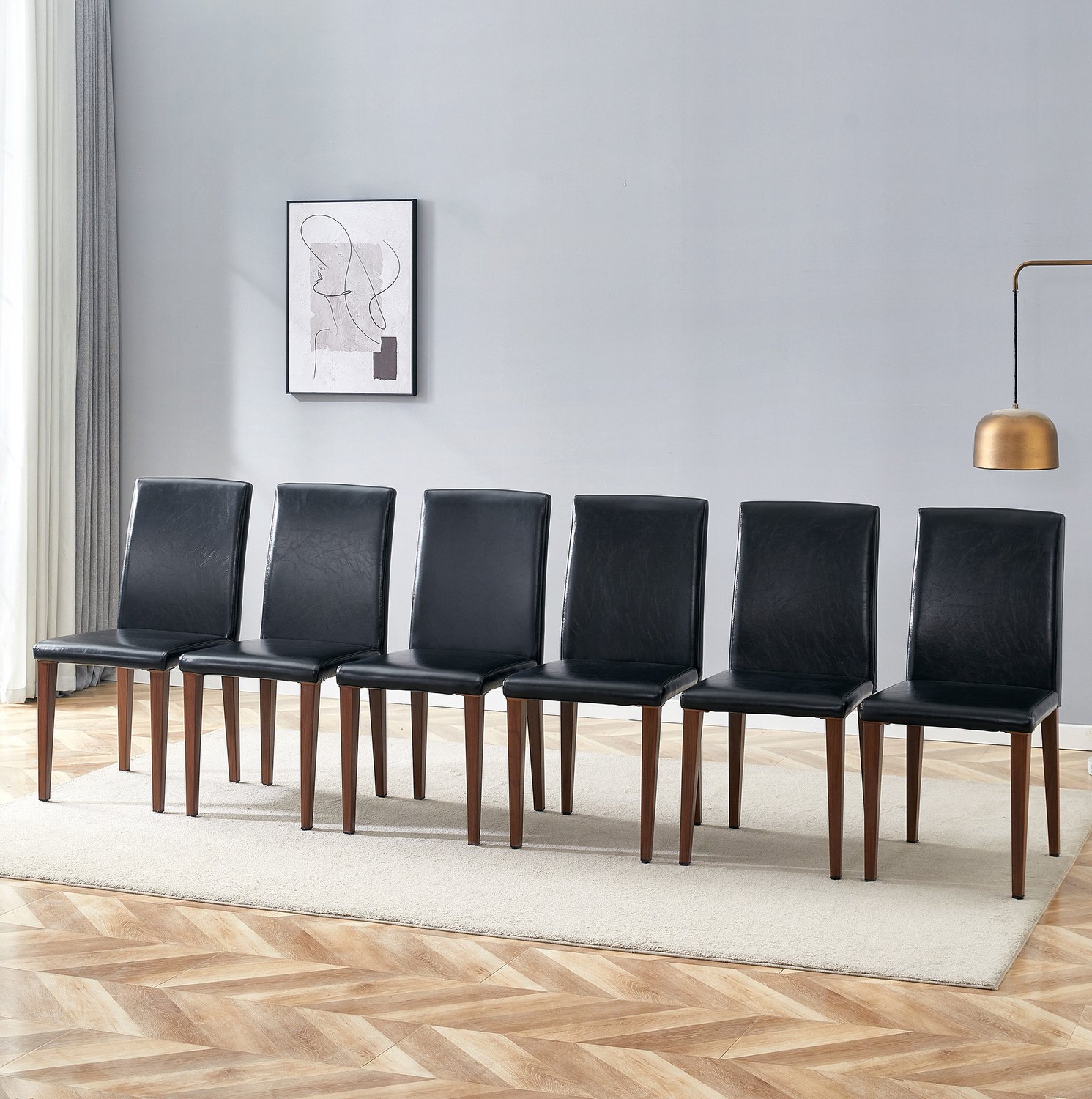 DESMIU Eetkamerstoel 41 x 47 x 90 Cm - Set Van 6 Met Zwarte Kunstleren Zitting - Voor Eetkamer En Woonkamer - Metaal Walnoot
