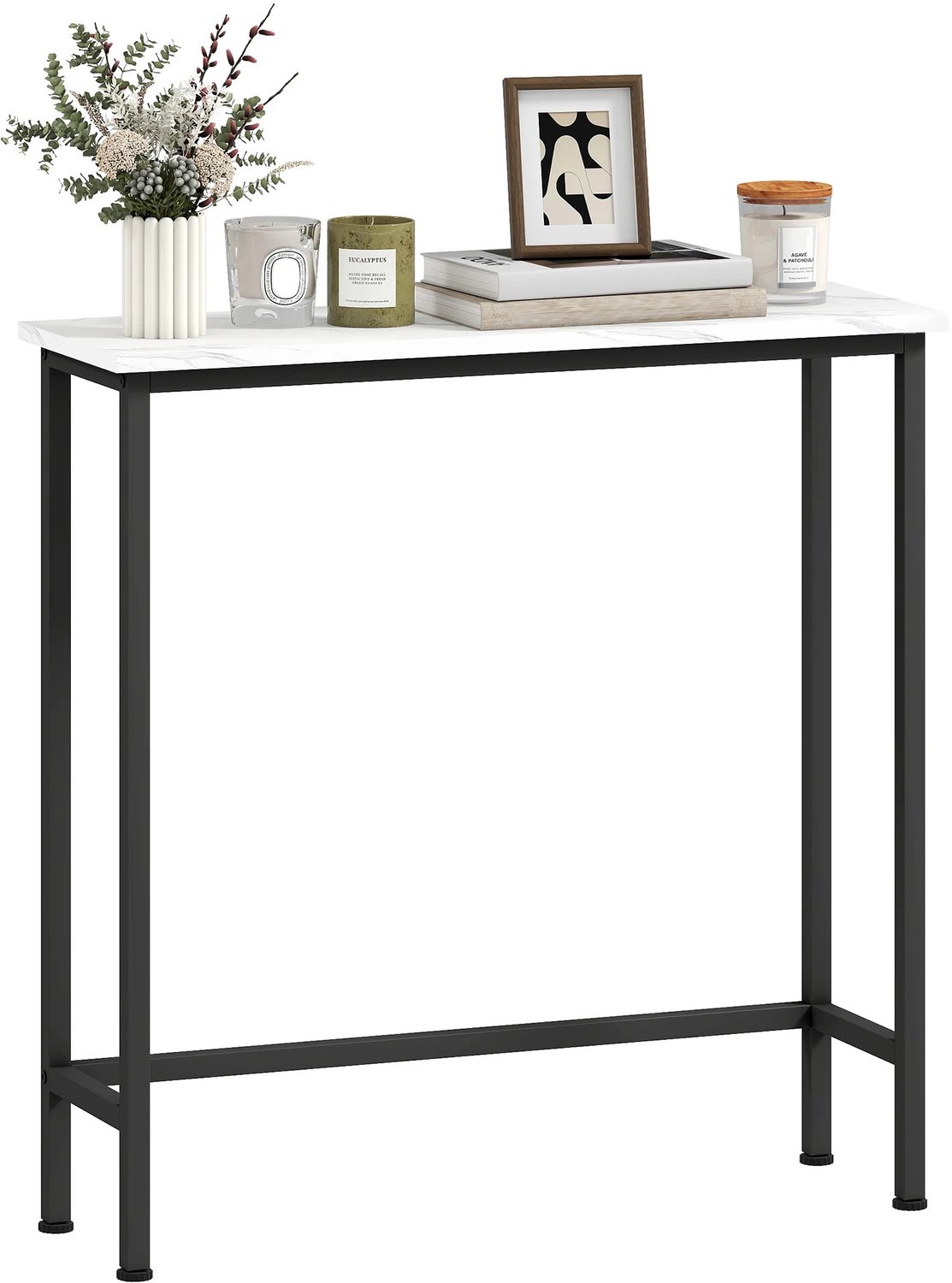MokoHub Smalle Gangconsole - Marmer Effect Tafelblad - Metalen Frame - Halmeubel Wandtafel - 75x24x76 cm - Zwart/Wit