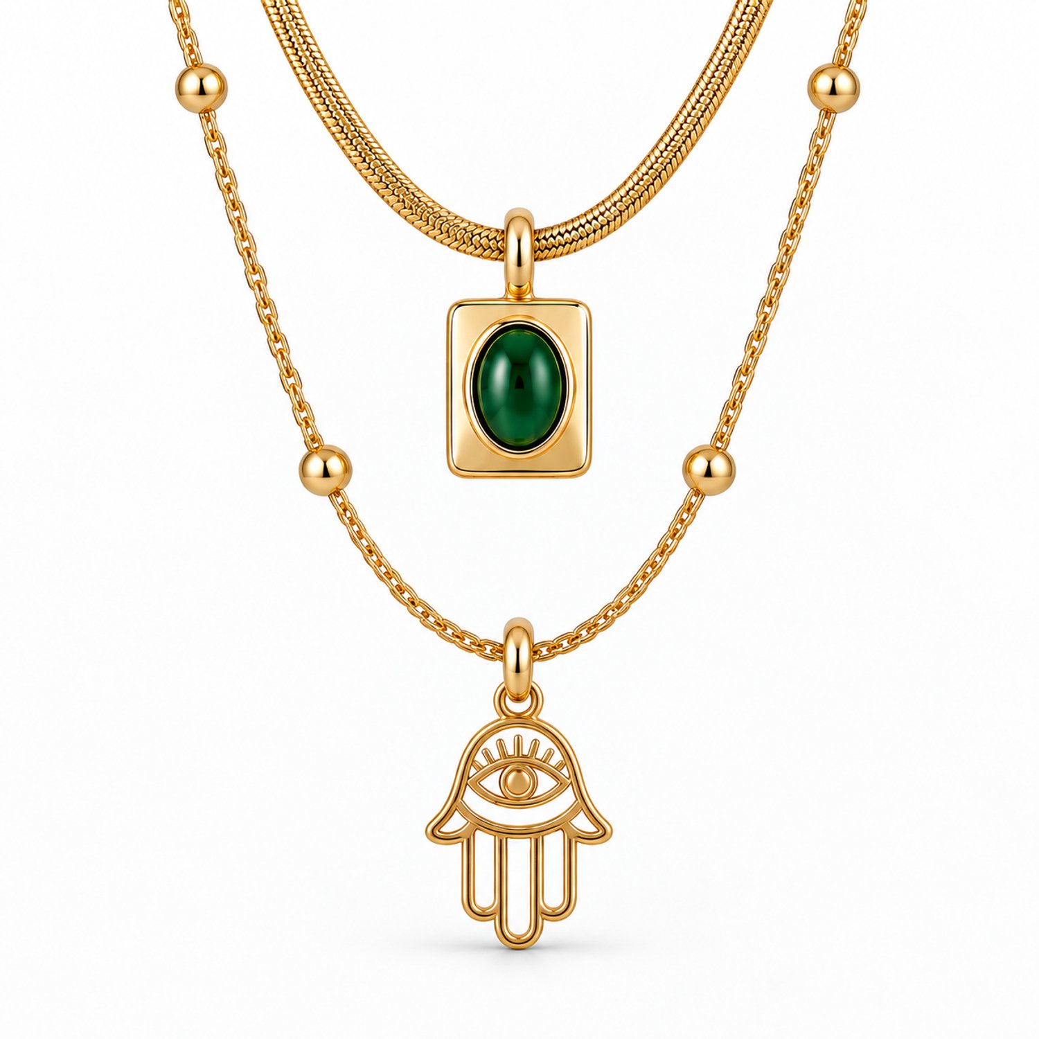 Engravia by Derya – Dubbele Dames Ketting – Stainless Steel – Goudkleurig met Groene Steen & Hamsa Hanger – Verstelbaar 41 + 5 cm – Layered Ketting – Cadeau voor Haar