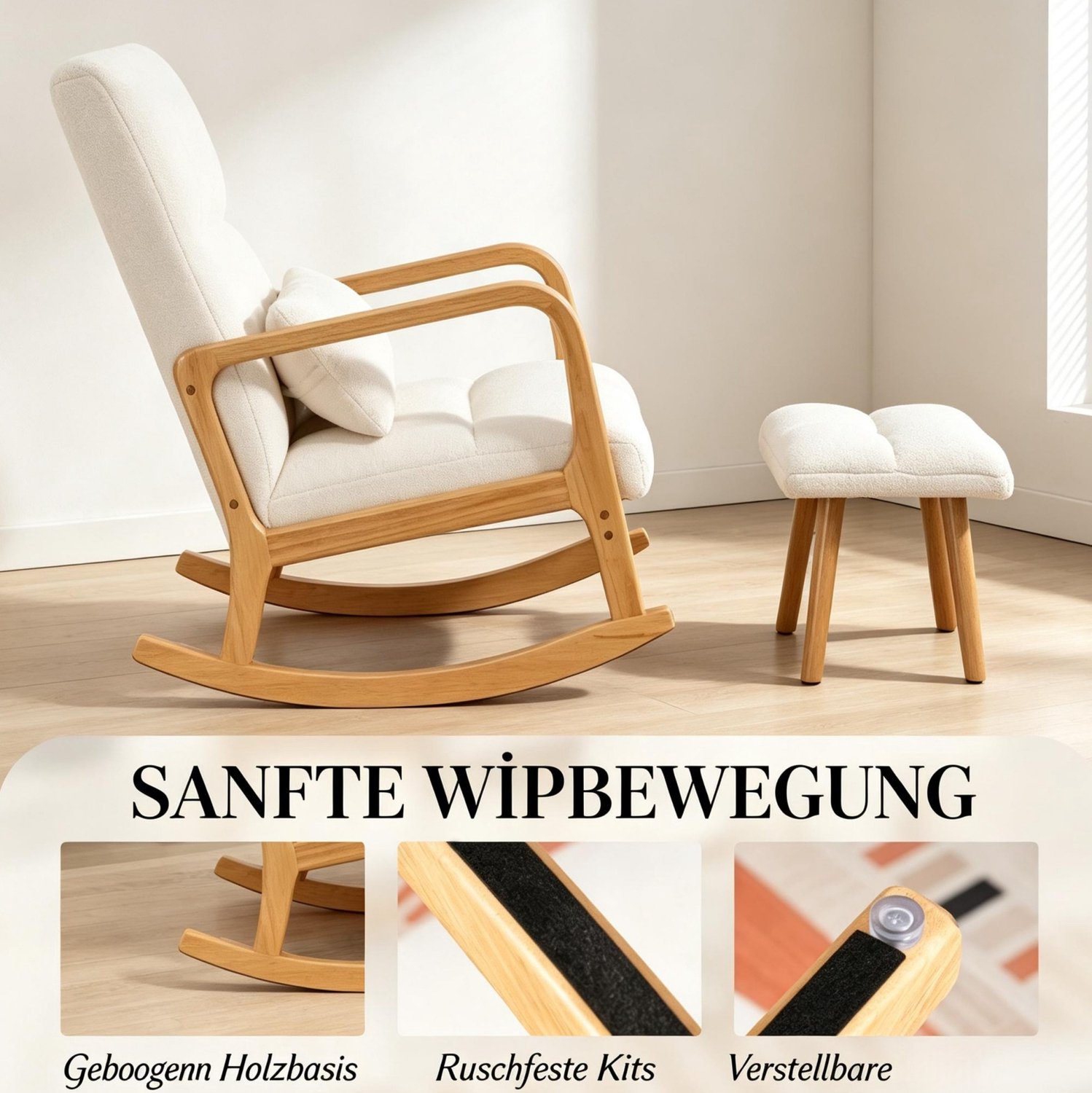 MODENUIT Schommelstoel - Boucléstof Met Hocker En Kussen - Voor Woonkamer - Hout - Wit - 64,5x82x89 Cm