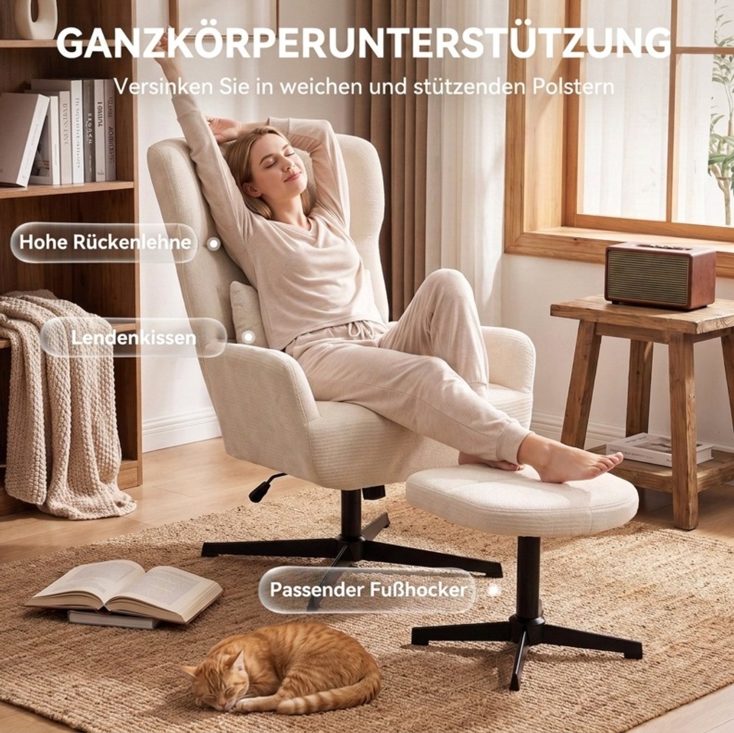 MODENUIT Fauteuil - 360 Graden Draaibaar en Hoogteverstelbaar - Hocker - Crème Chenille - 88x71x104 Cm
