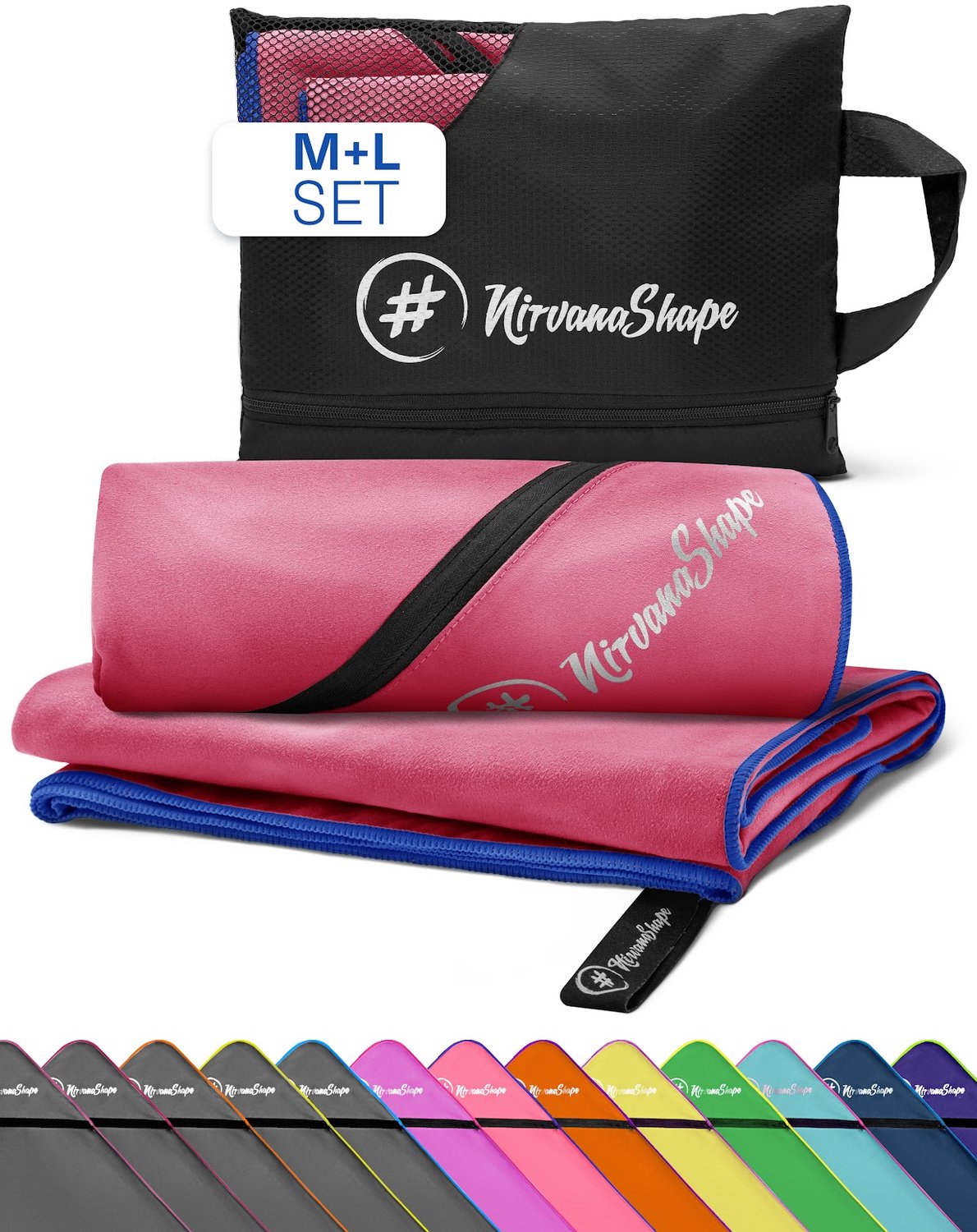 NirvanaShape - microvezel handdoek - strandlaken en badlaken - sneldrogend en absorberend - sporthanddoek met slimme hoekzak - set van 2: 140 x 70 cm + 120 x 60 cm - Koraalrood / Blauwe Rand