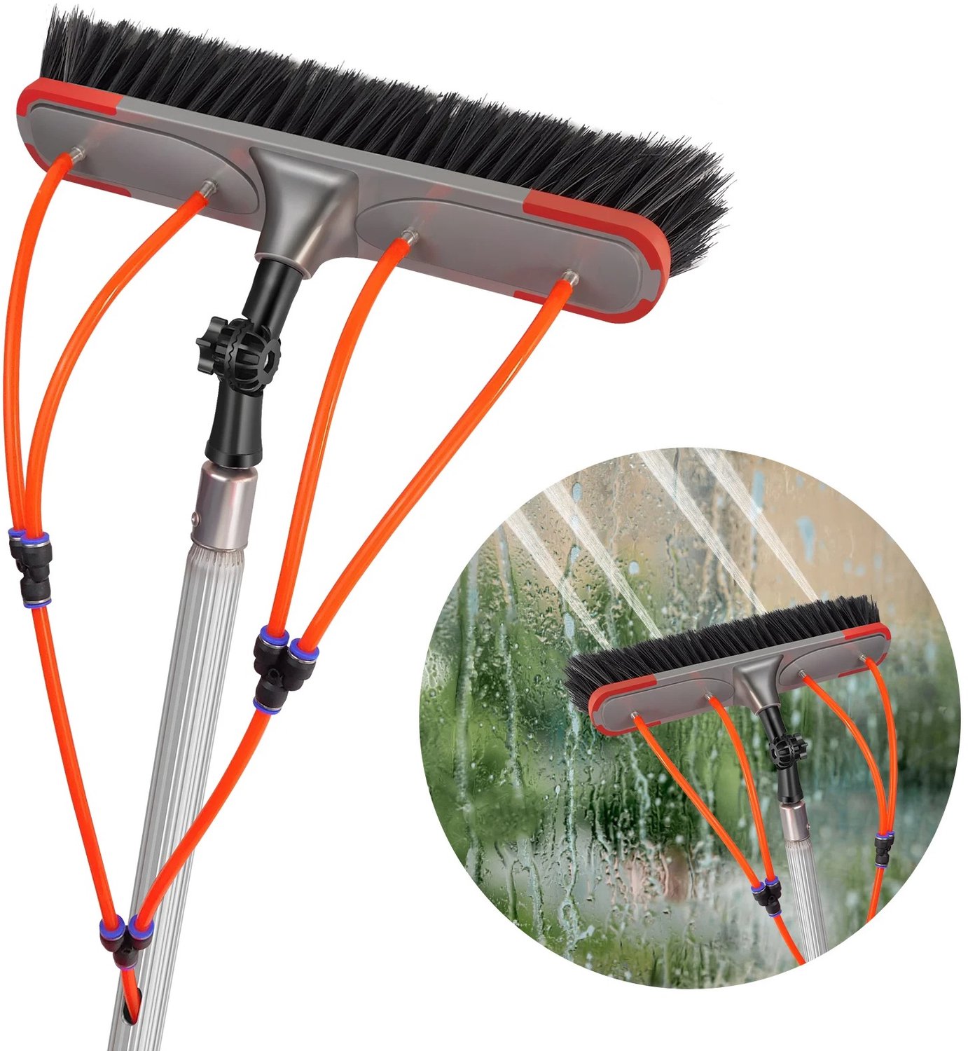 Nyoz uitschuifbare reinigingspaal - Raamwasser - Zonnepaneel reiniger - 7 m - 35 cm borstel - 20 m slang - 180° verstelbaar
