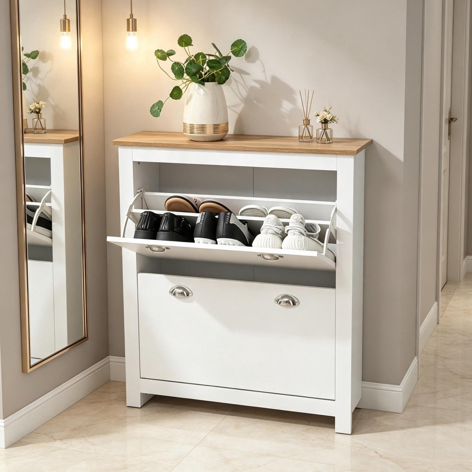 CHICFURN Schoenenkast - Opbergruimte - 2 kleppen - Eikenlook en wit