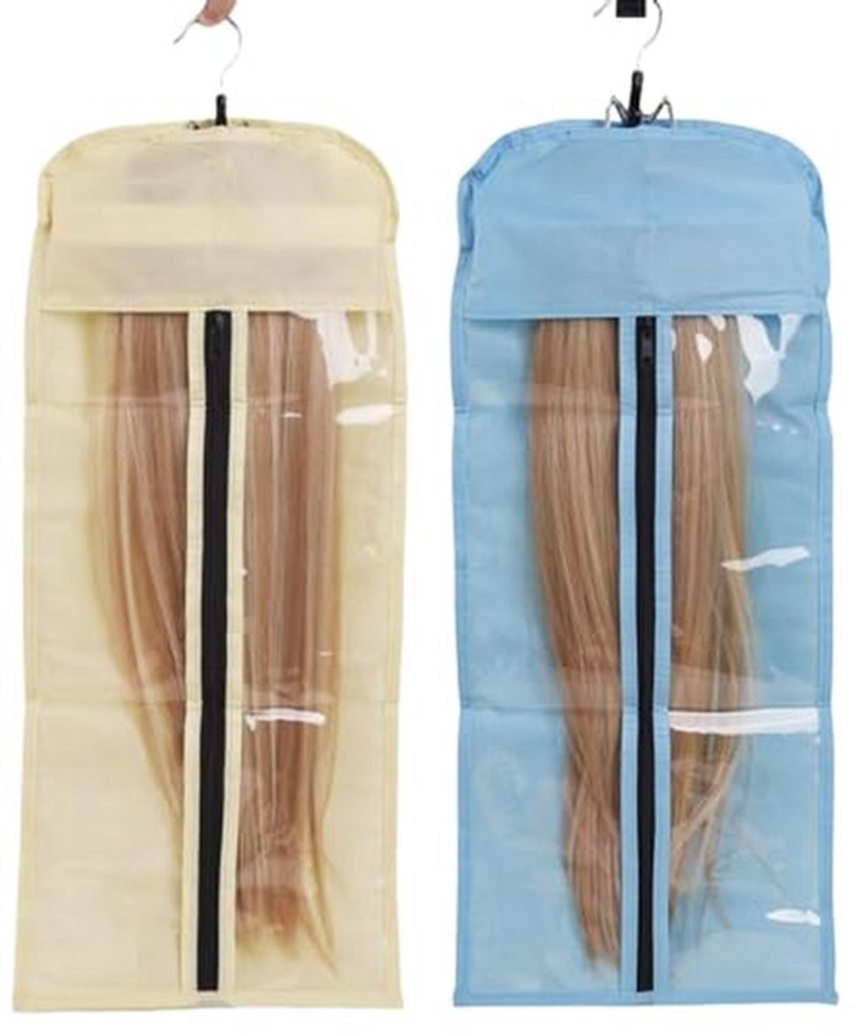 Set voor het opbergen van haarextensies - Tas voor het bewaren van pruiken - Haar beschermen - Stevige ophanger - 2 exemplaren - Blauw en beige