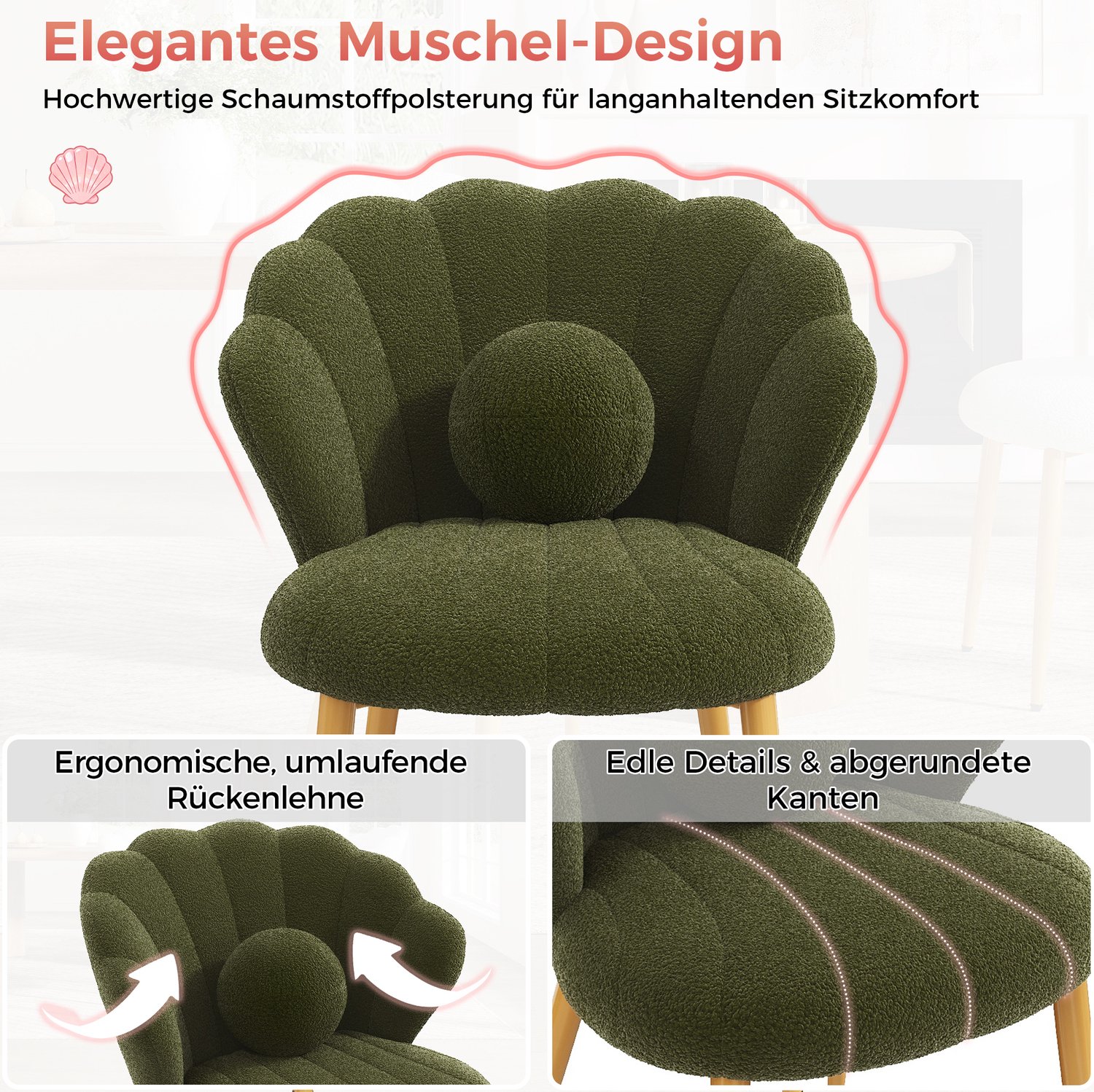 FloraGrace Eetkamerstoel Set Van 2 60 x 62,5 x 83 cm - Schelpvormige Rugleuning Met Kussen - Eetkamer Of Kaptafel - Teddy Stof - Groen