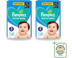 2 x Pampers – Luiers – Active Baby Maat 3 – 70 Luiers - Wasstrips - Baby-luiers - Droge Billetjes - Huidbescherming - Luchtdoorlatende Luiers - Absorberende Luiers