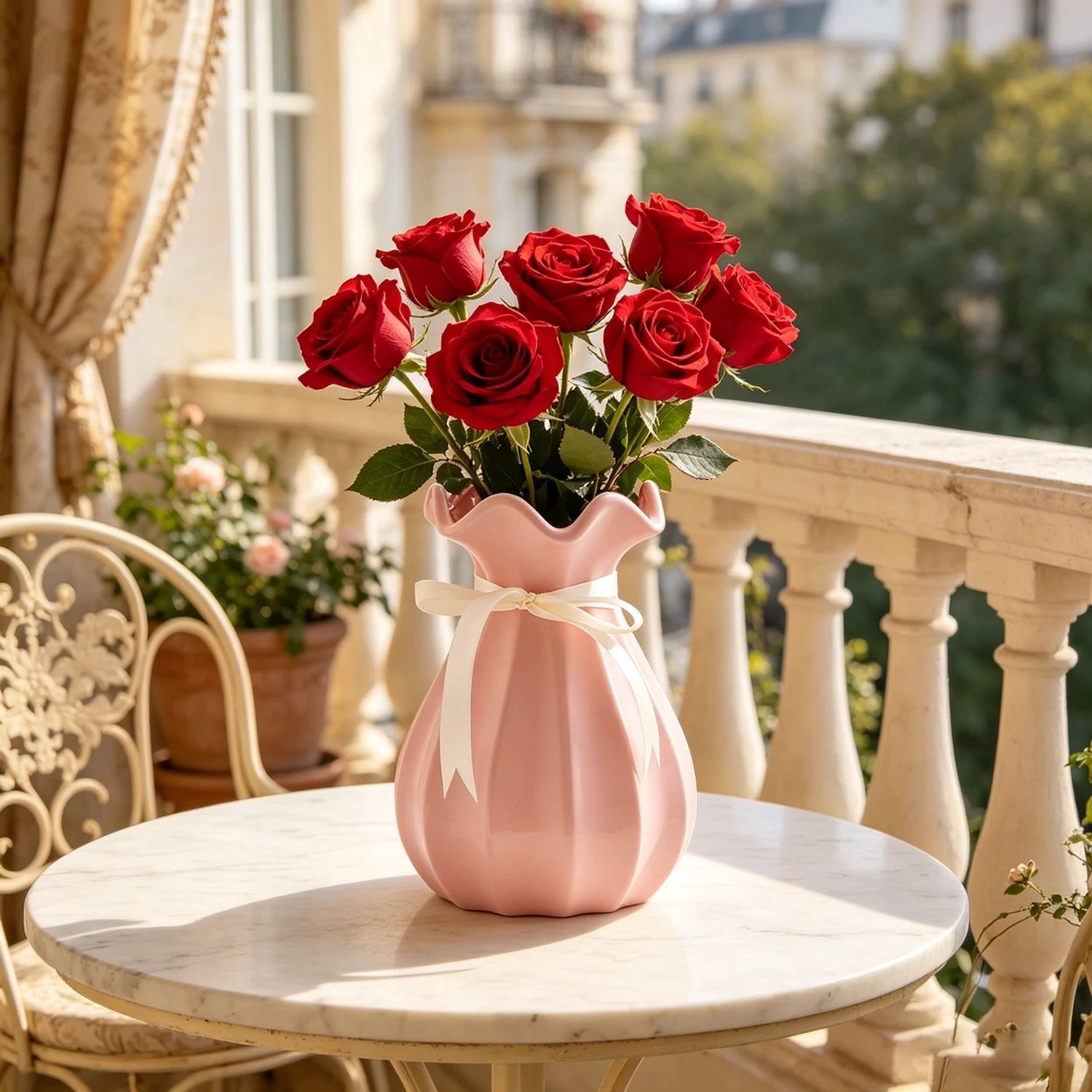ZOQENX Keramische Vaas Roze - 20.5 cm Hoog - Met Ribbelstructuur en Witte Striklint - 12/14 cm Diameter - Voor Bloemen en Decoratie