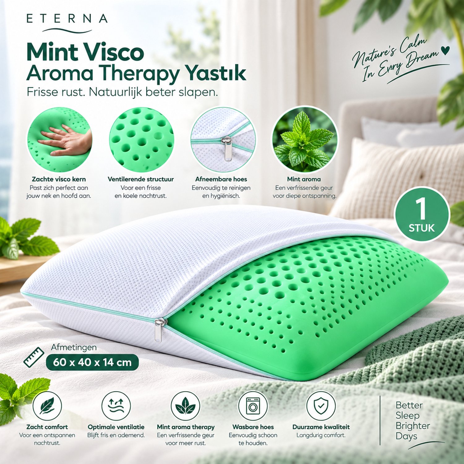 Fabric Box Eterna Mint Hoofdkussen – Visco Traagschuim – Mintgeur – 60x40x14 cm – Ventilerend – Afneembare Hoes – Groen