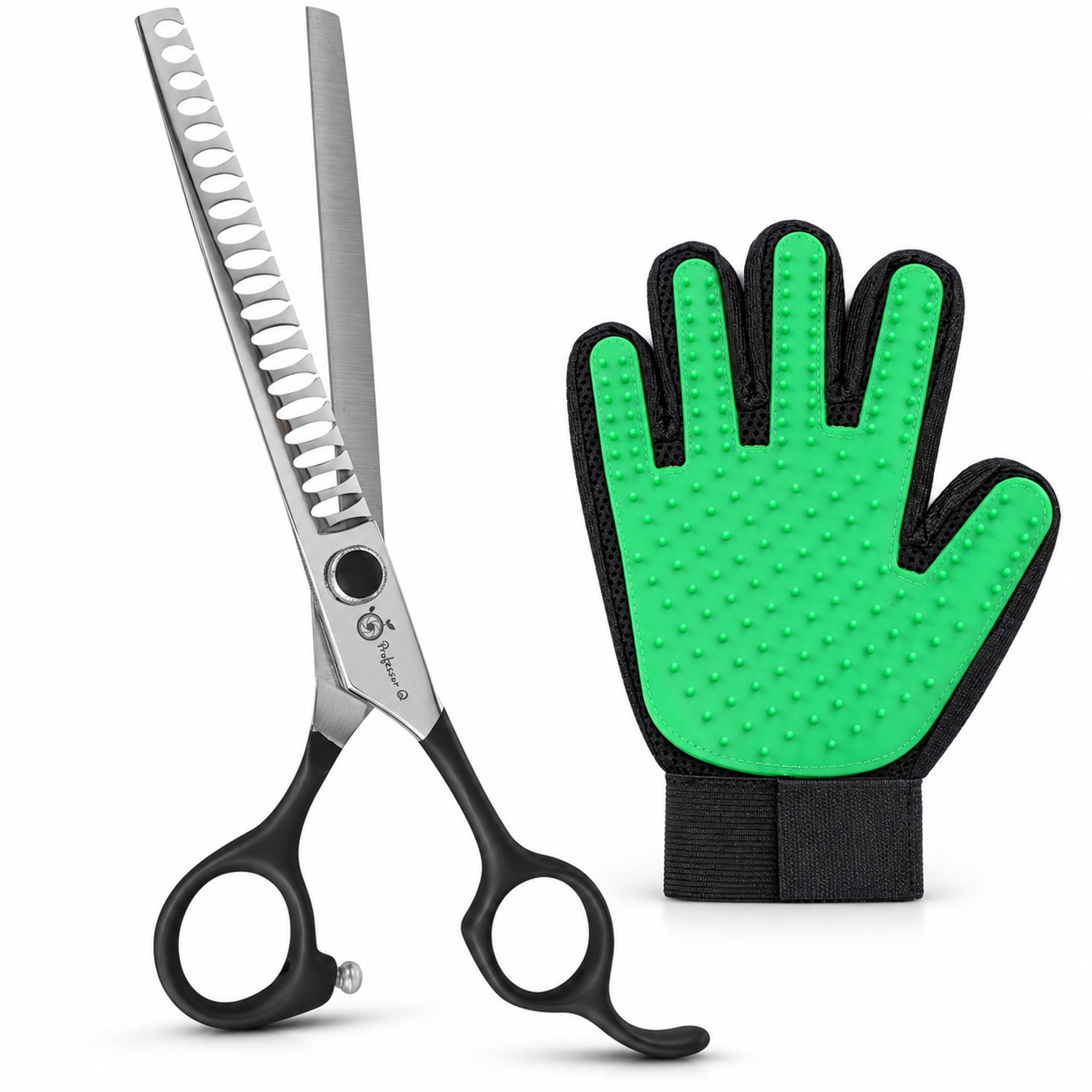 Professor Q Hondentrimset - Chunkerschaar 8 inch Zilver - Vachthandschoen Groen - 2-delig
