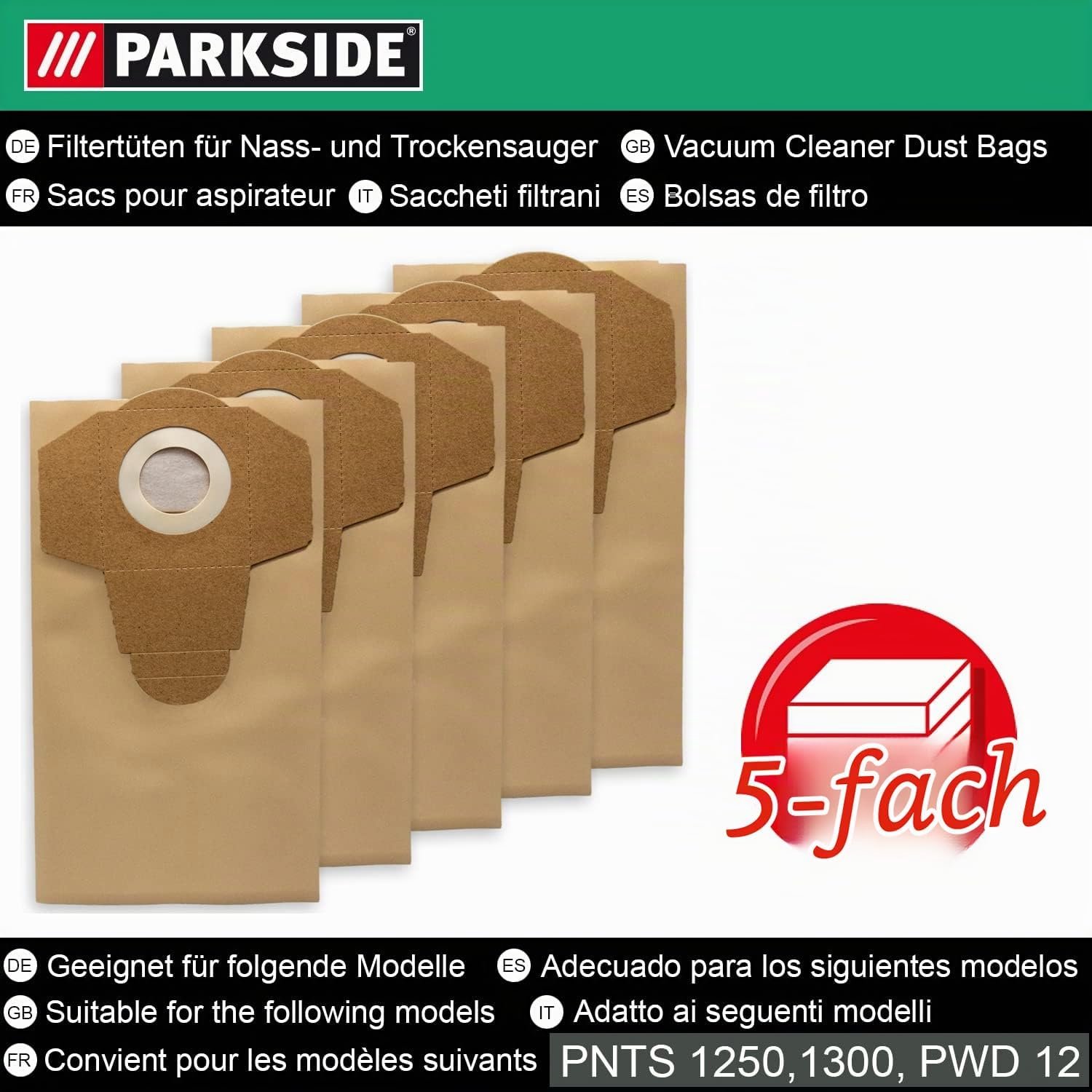 PARKSIDE 5x Parkside Stofzuigerzakken Nat/Droog PNTS 1250 1300 PWD 12 PAS 500