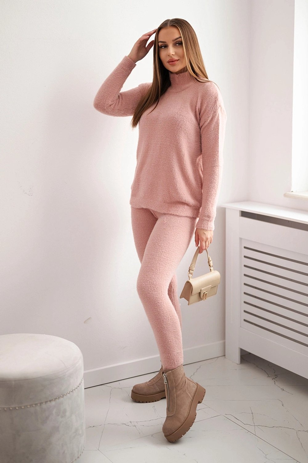 Dames Lounge Set Donkerroze - Coltrui met Broek - 2 Delige Loungewear Set - Huispak Dames - Maat M