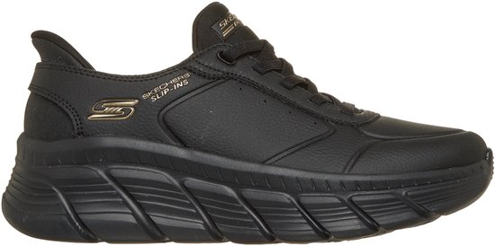Zwarte Skechers Slip-Ins sneaker, zijkant met goudkleurig 'Skechers Slip-ins' logo en een dikke, geprofileerde zool.