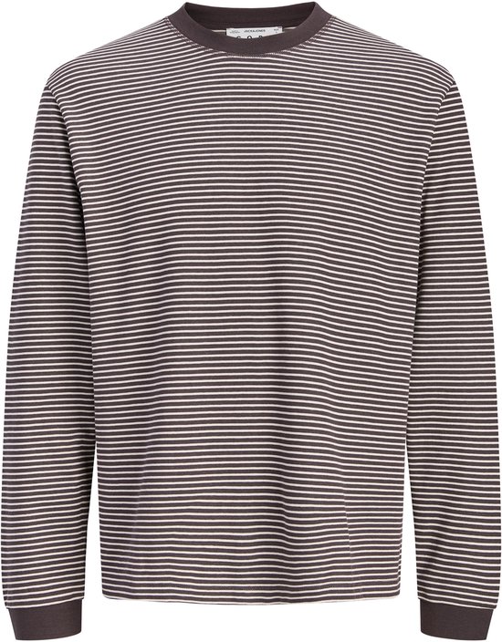 Bruin-witte gestreepte longsleeve met ronde hals en lange mouwen, voorzijde.