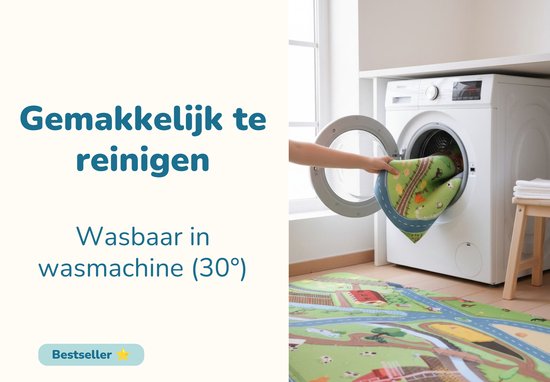 Speelkleed wordt in de wasmachine gestopt. Tekst: 'Gemakkelijk te reinigen' en 'Wasbaar in wasmachine'.