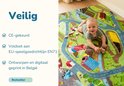 Baby ligt op het buikje op een boerderij-speelkleed. Tekst: 'Veilig', 'CE-gekeurd', 'EU-speelgoedrichtlijn EN71'.