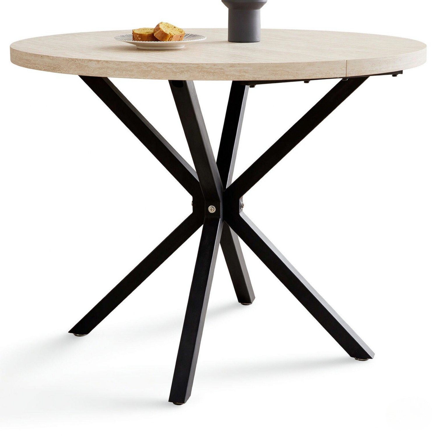 SONNENH Ronde eettafel - Ø100 x 76,5 cm - MDF met lichte houtlook - Zwart metalen X-onderstel Lichte houtlook met zwart onderstel