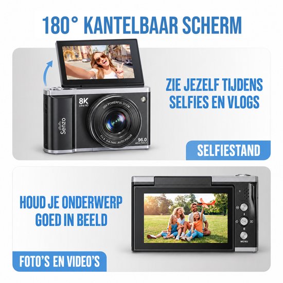 Zwart-zilveren camera met 180 graden kantelbaar scherm voor selfies en vlogs.