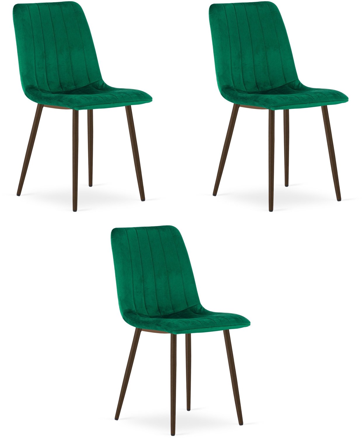 Oskar LAVA Eetkamerstoelen – Set van 3 – Groen Velvet – Walnootkleurige Houten Poten – Comfortabele Gestoffeerde Zitting – Modern Design – Velvet Stoel voor Woonkamer, Keuken en Eetkamer – Max. 110 kg per Stoel