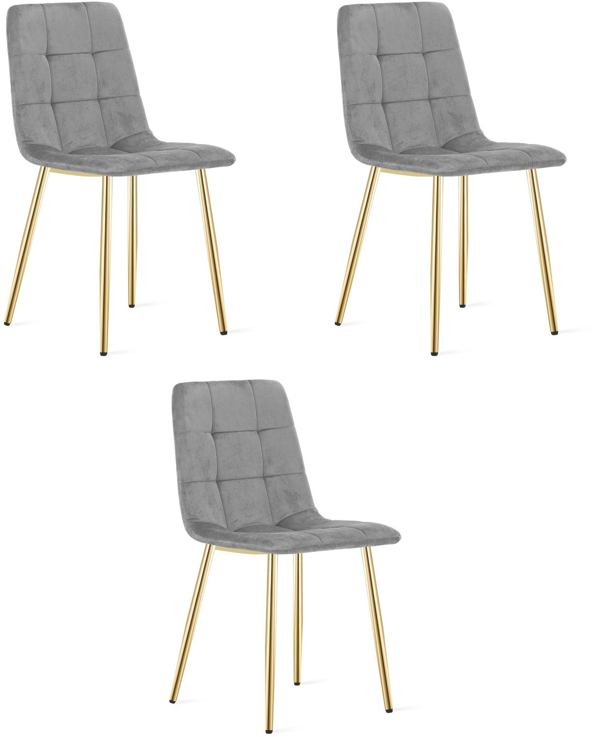 LEOBERT KARA Eetkamerstoelen – Set van 3 – Grijs Velvet – Goudkleurige Metalen Poten – Comfortabele Ergonomische Zitting – Modern Design – Velvet Stoel voor Woonkamer, Keuken en Eetkamer – Max. 110 kg per Stoel