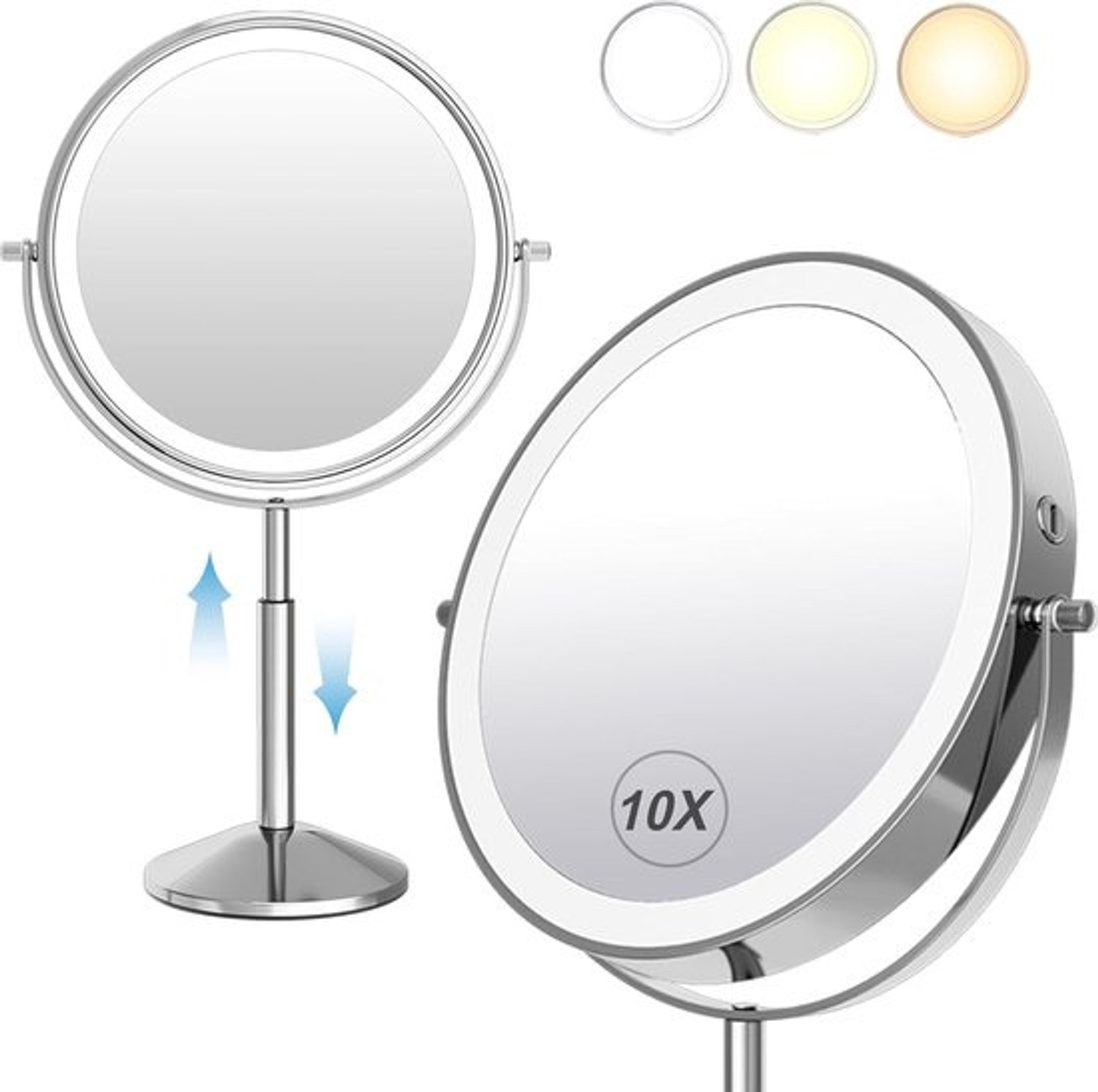 Make-upspiegel met LightLED - Oplaadbaar 3000mAh - 10x vergroting - In hoogte verstelbaar - Scheerspiegel - Bureau- en kaptafelspiegel - Chroom (940C10X)