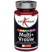 Lucovitaal Multi+ Vrouw supplementenflesje met rode dop, zwarte label en gekleurde iconen van mineralen.