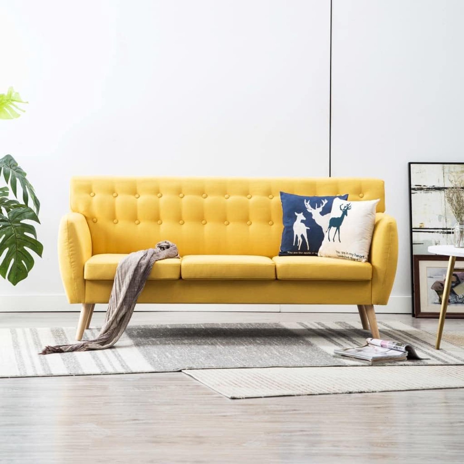 3-zits sofa stof 172x70x82 cm geel met MDF-frame en schuimvulling voor ultiem zitcomfort, rubberen houten poten voor stabiliteit en duurzaamheid, tijdloos