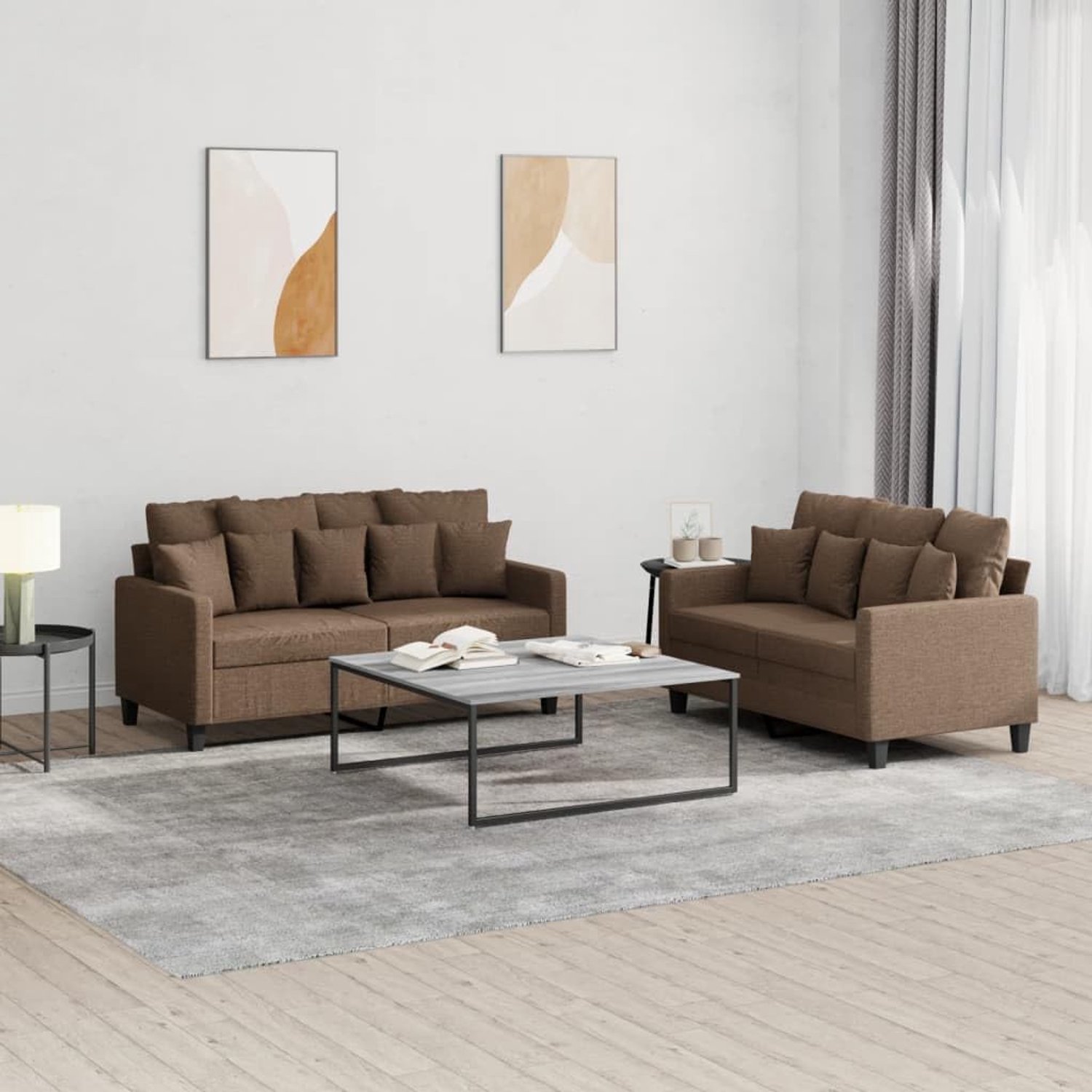 2-delige bankstel met kussen, bruine stof, stoffering, met duurzame bekleding en robuust metalen frame voor comfortabel zitten en ontspannen in de woonkamer