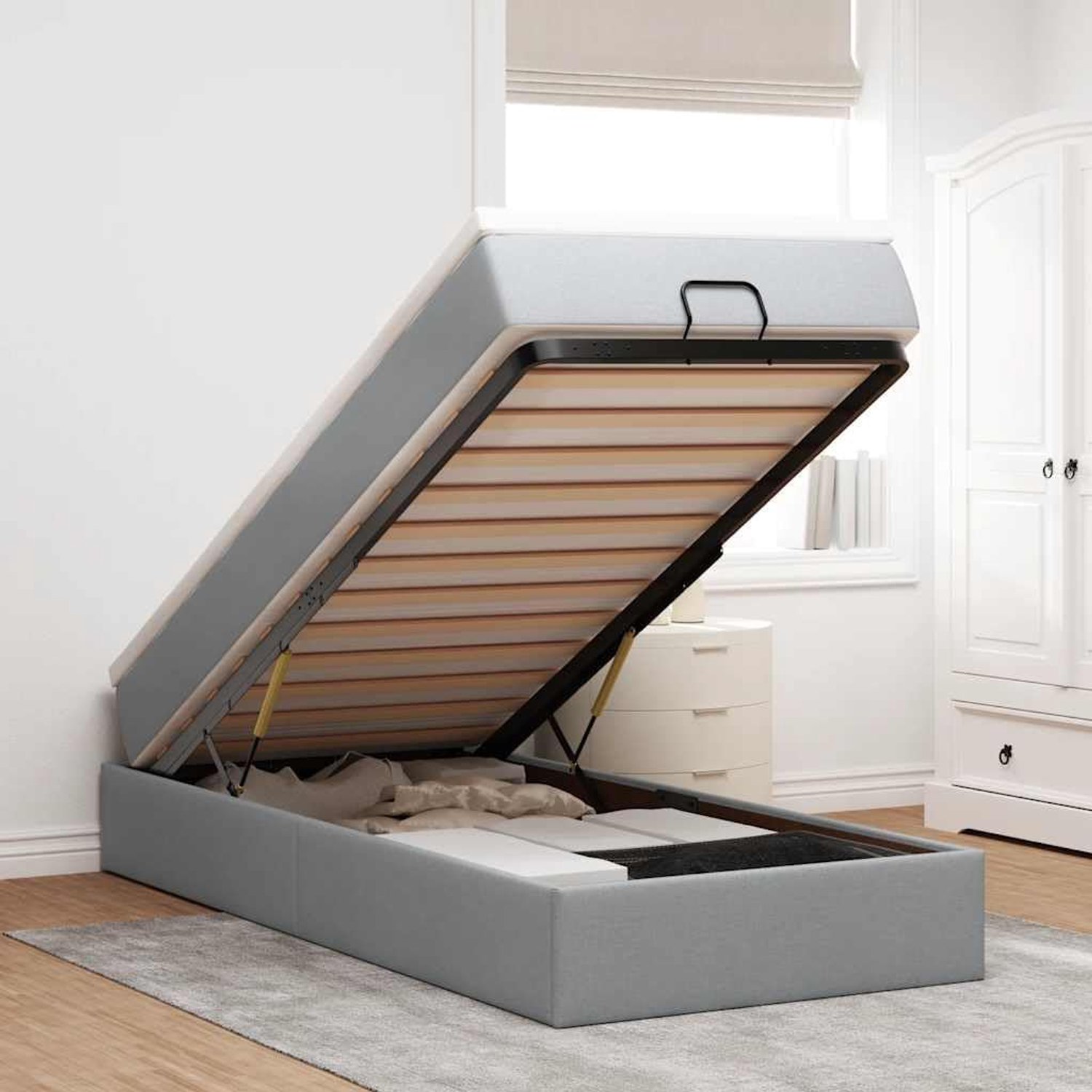 Polyester stoffen opbergbed pocketvering lichtgrijs 90x190 cm
