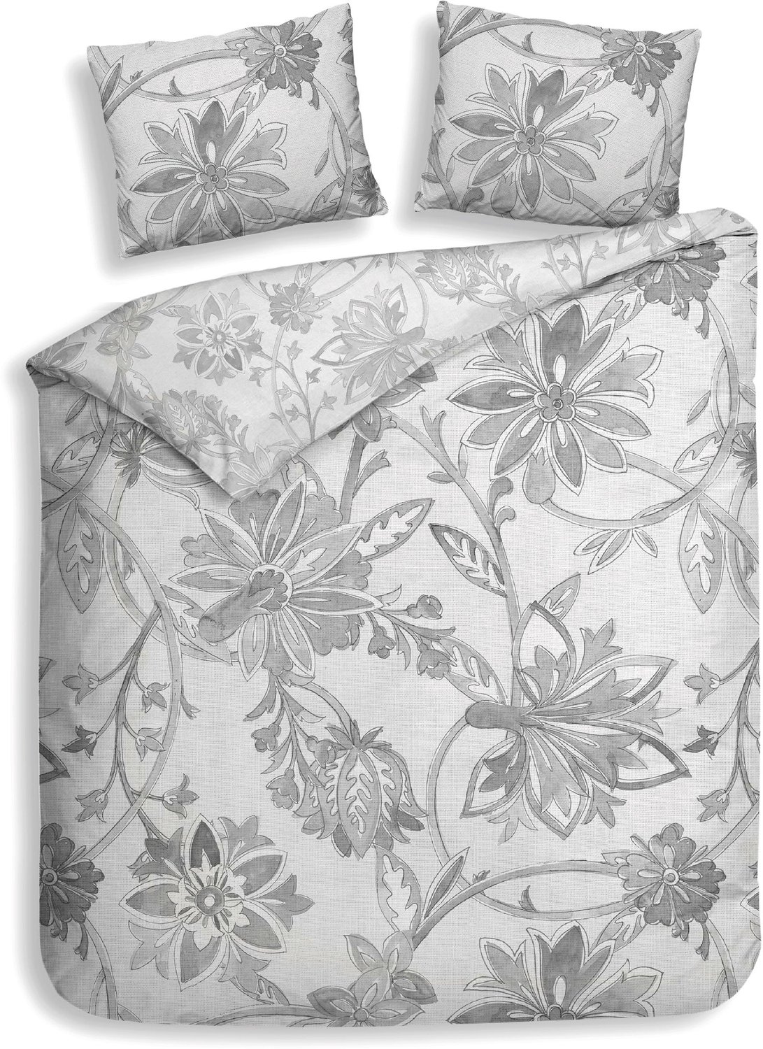 Heckettlane Dekbedovertrek Neva - Dekbed met instopstrook - Grijs - Dekbedovertrek van 100% Katoen-Satijn - Bloemen - 260x200-220 cm + 2 slopen 60/70 cm - Yukon Neva Grey