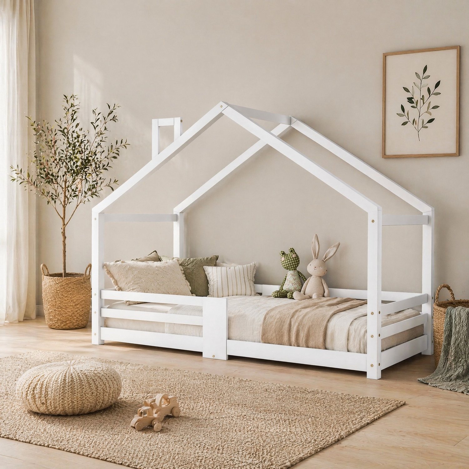 CHICFURN Kinderbed Huisbed 90 x 200 cm - Uitvalbeveiliging - Lattenbodem - Wit