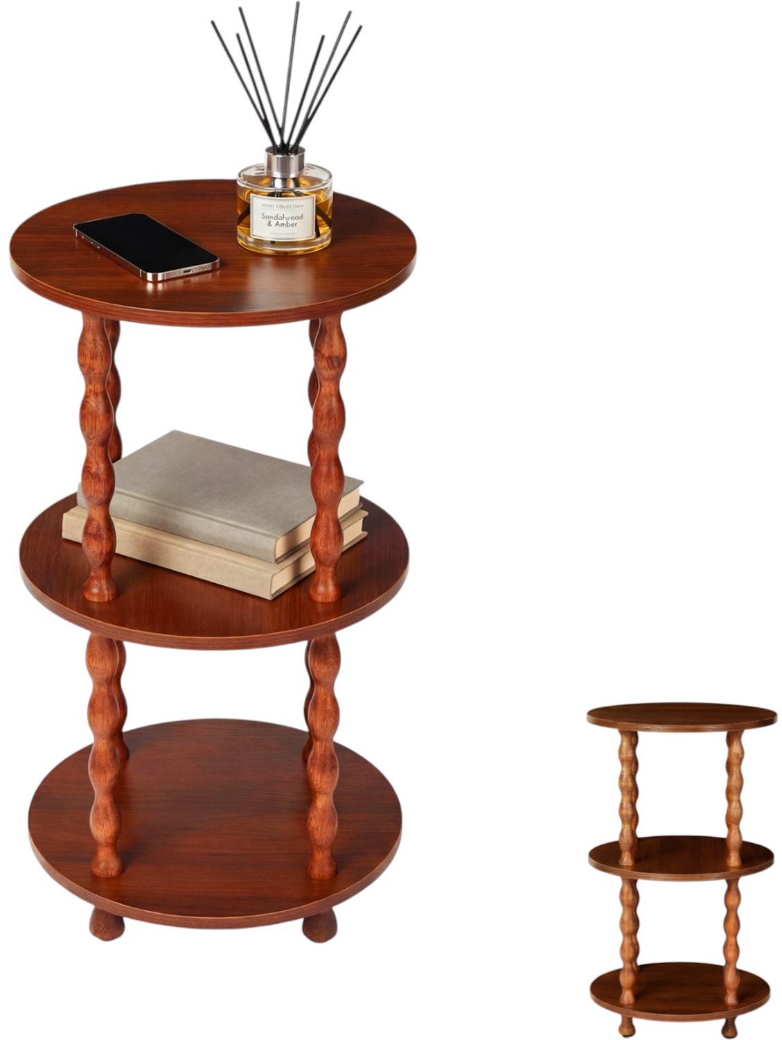Danky Ronde bijzettafel met 3 niveaus – Met opbergplank – Compact en ruimtebesparend – MDF-blad en houten poten – Geschikt voor woon- of slaapkamer – Bruin, 30 x 30 x 60 cm