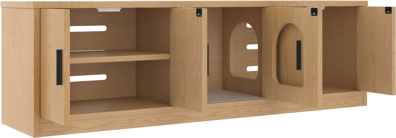 Kattenbakkast 140 x 40 x 45,5 cm - Verborgen kattenbak met ventilatie - Verstelbare planken en krabmat - Multifunctioneel meubel in eikenlook