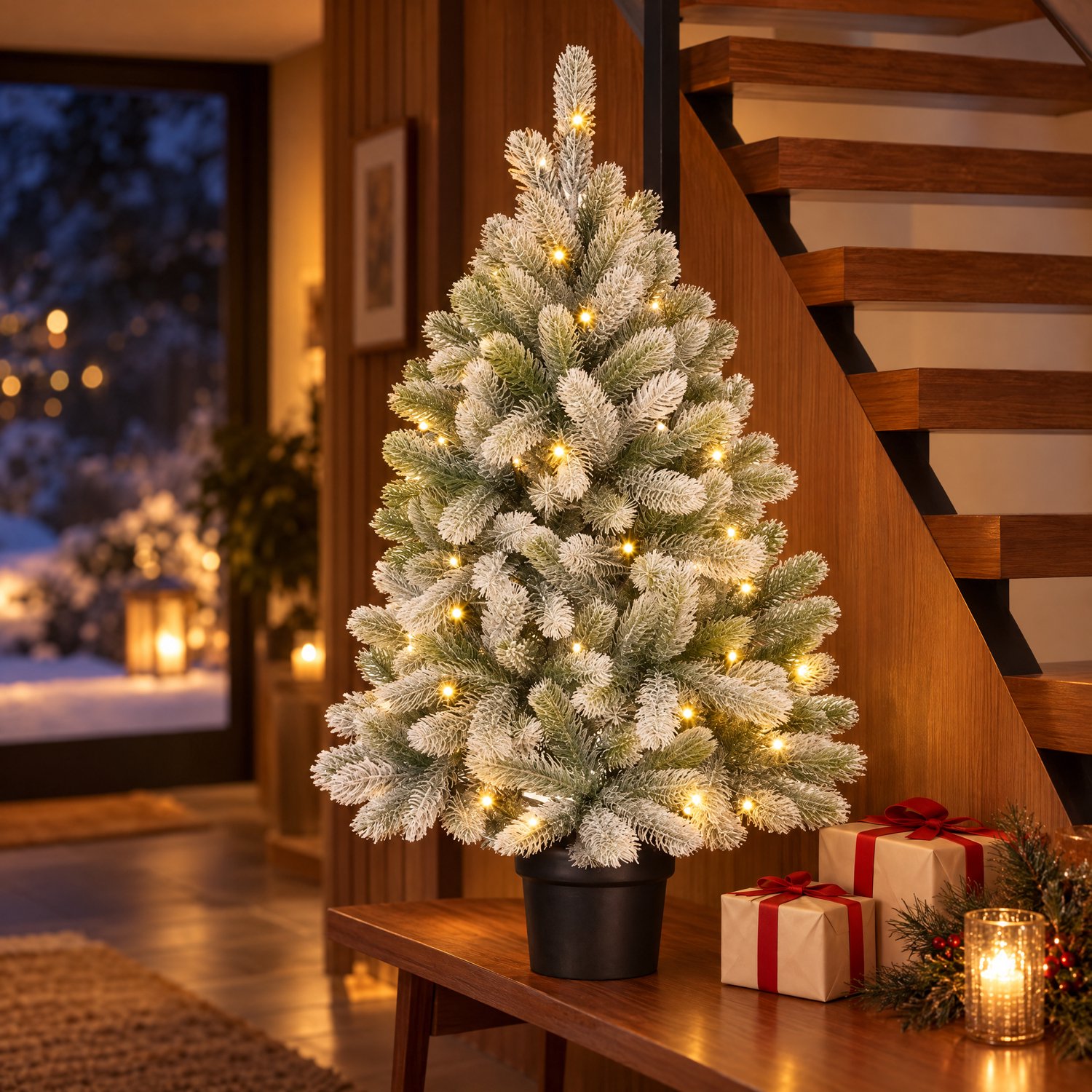 Cheqo® Kunstkerstboom met Verlichting 90 cm met Sneeuw - Kerstboom met Kerstlampjes - Kunstkerstboom in Pot - Kerstboom op Batterijen - Warm Wit LED - Timer - Kerstdecoratie voor Binnen - Kerstverlichting - Kerstversiering - Sfeerverlichting