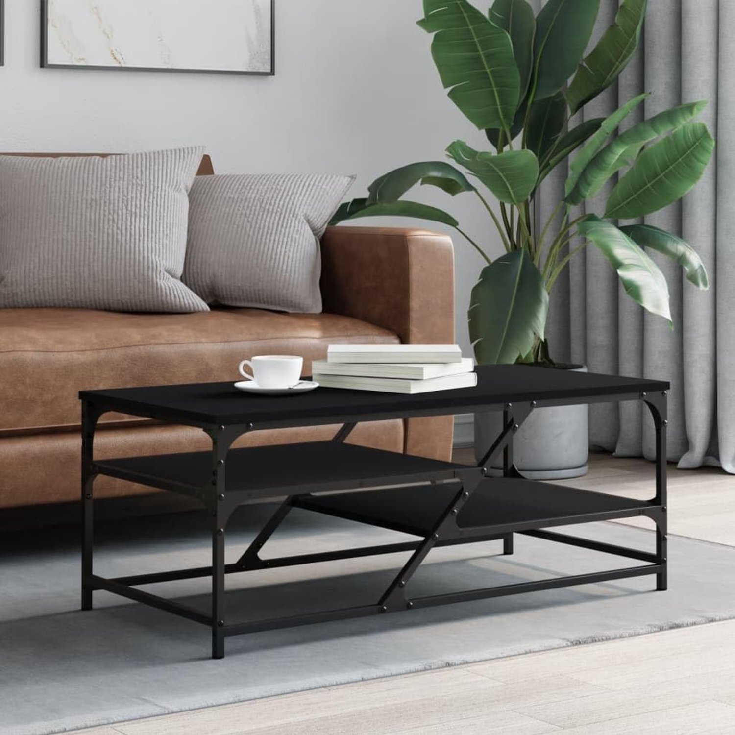 Hout opbergsalontafel trendy metalen frame 100x49x40 cm zwart