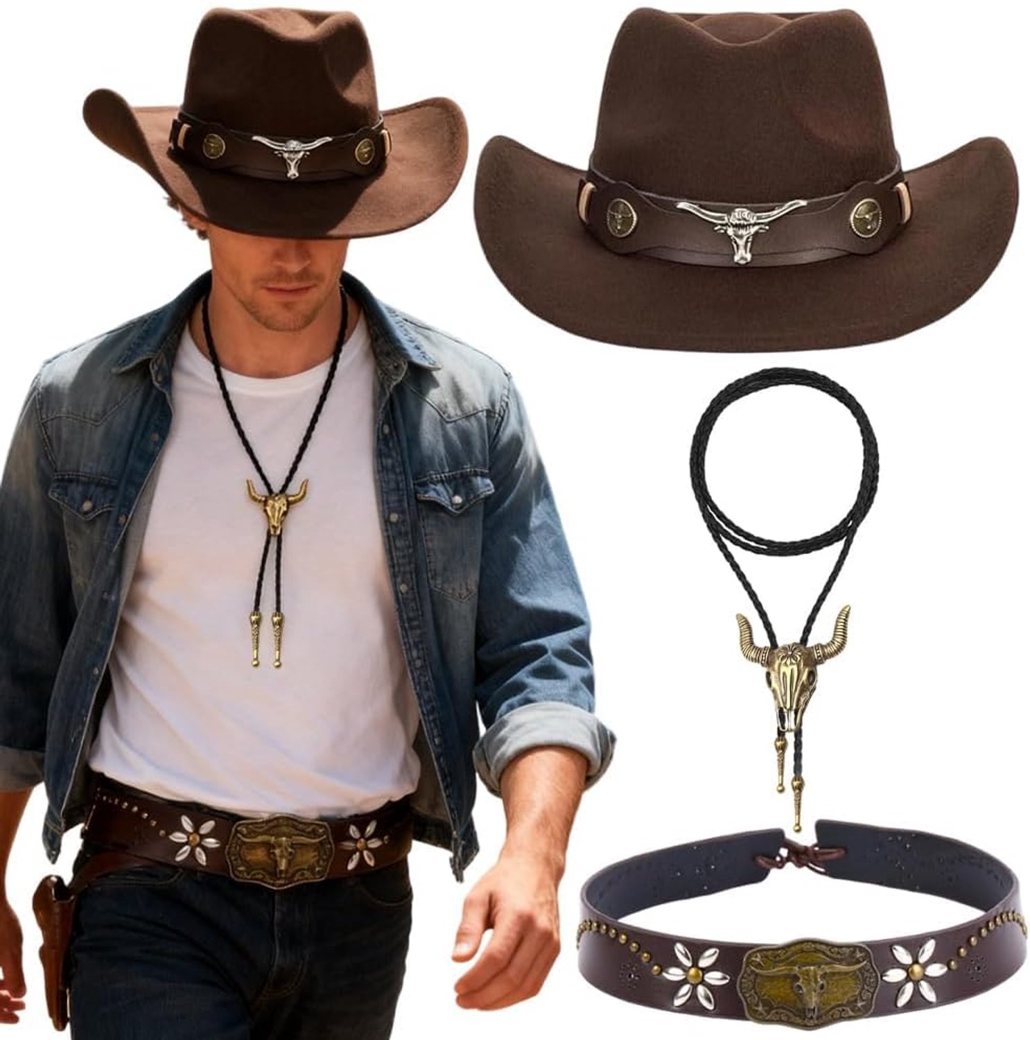 Cowboyhoed Set met Stierenkop Hanger Ketting en Hoedband,Western Kostuum voor Volwassenen | Westerse Feesten, Rodeo, Halloween en Carnaval