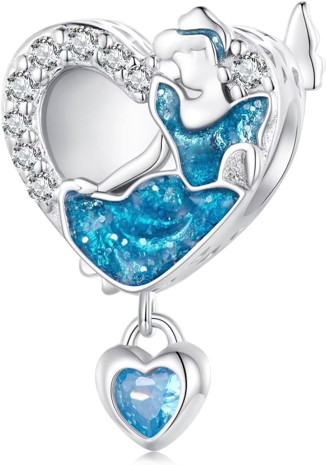Hanger, 925 sterling zilver, hol hart, blauw, glanzend, voor armbanden en halskettingen, Sterling zilver 925, Zirkonia