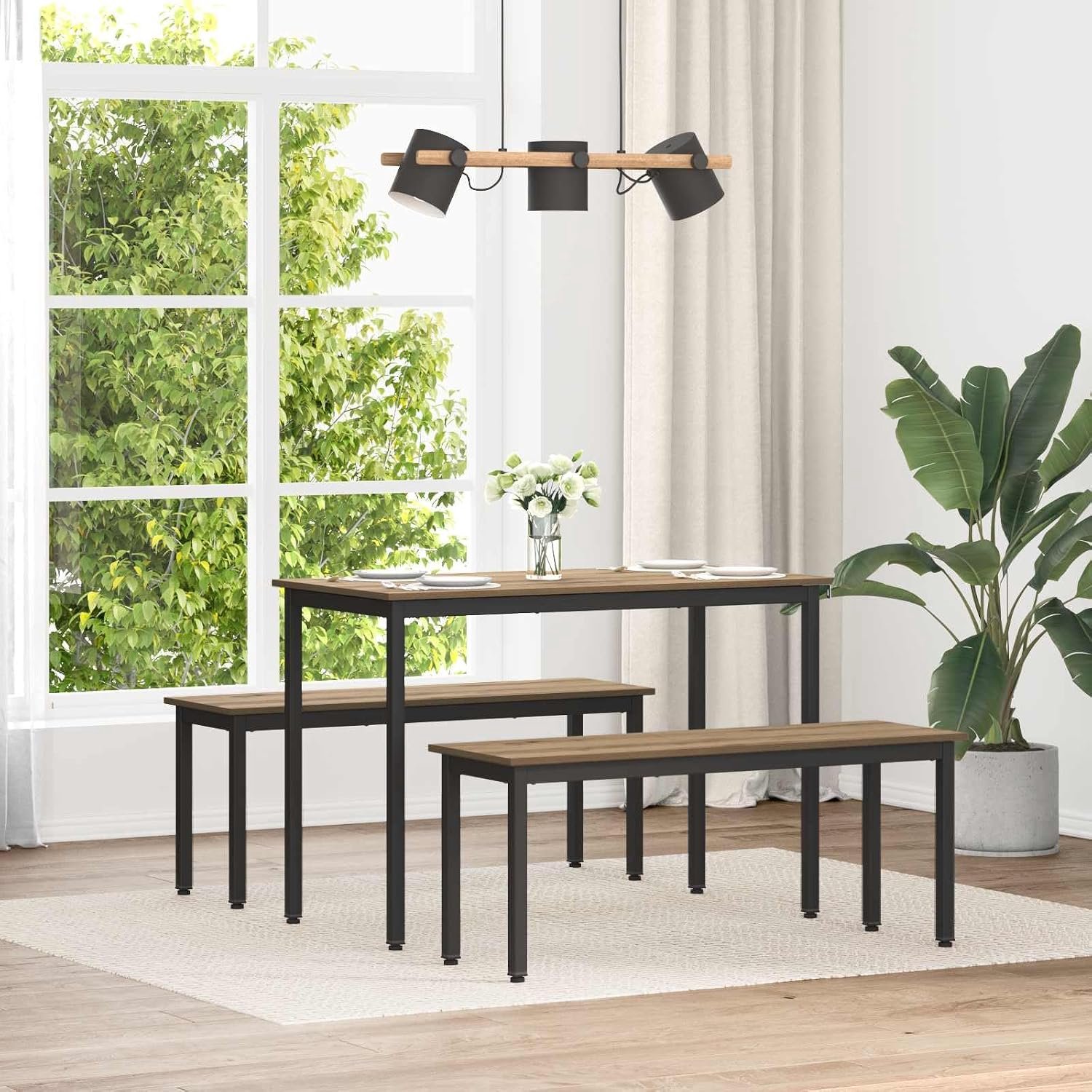 Zitbank van hout met metalen poten, zitbank voor woonkamer en eetkamer, rechthoekig design, glad oppervlak, eenvoudige reiniging, stabiel