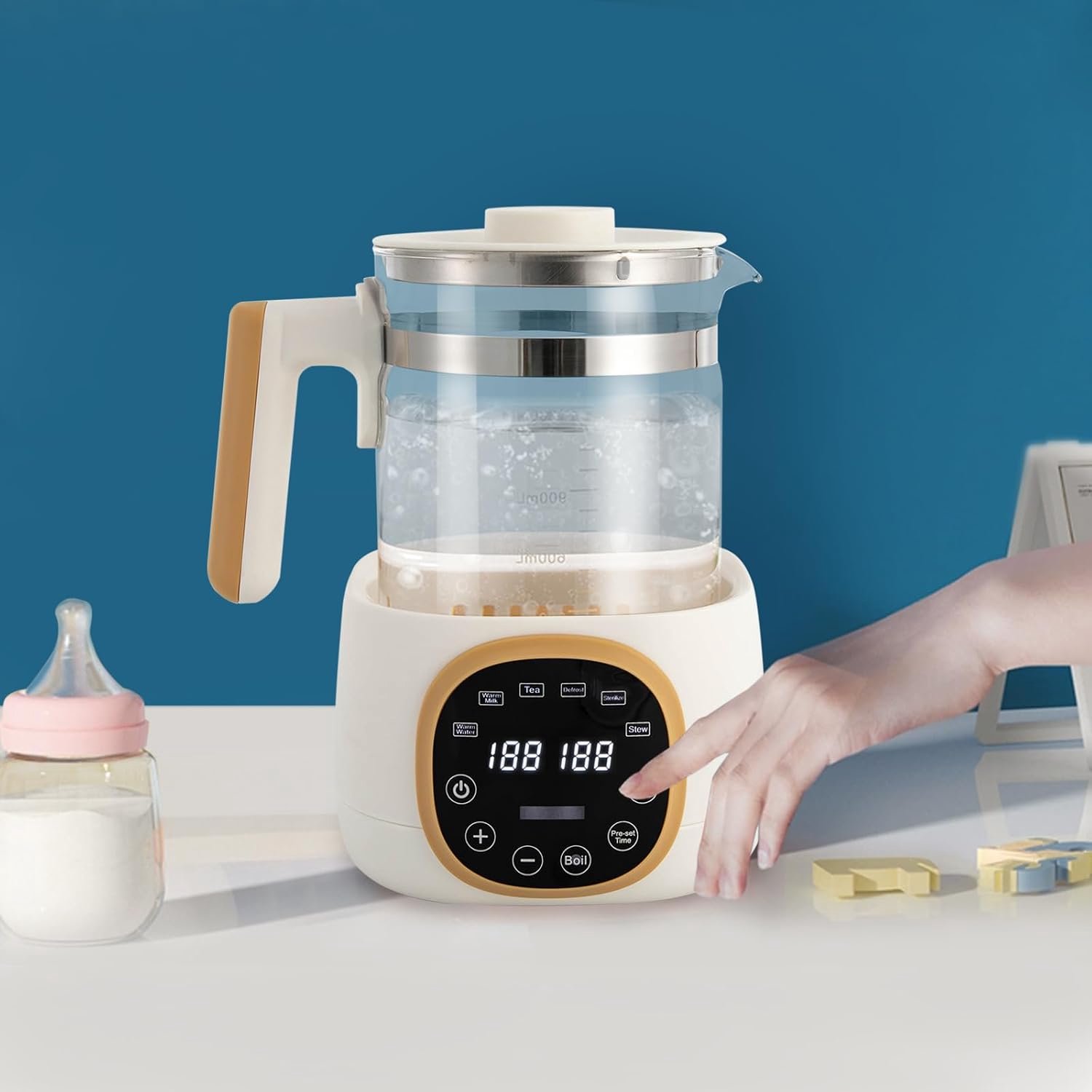 Flessenwarmer, flessenbereider, thermostatische babyflesverwarmer, babywaterkoker, flessenbereider, babyvoedingwarmer, waterkoker voor babyvoeding, thee, koffie, wit
