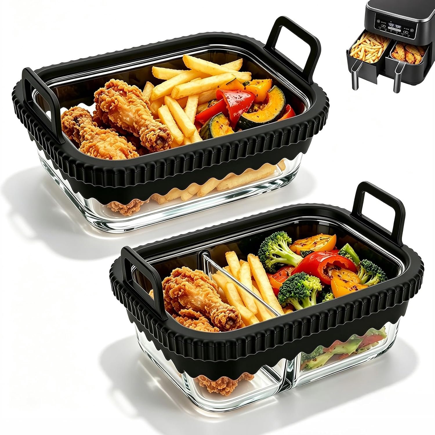 2 stuks glazen ovenvormen voor heteluchtfriteuse, compatibel met Ninja AF400EU/DZ400EU/AF500EU, COSORI hittebestendige glazen vorm met afneembare siliconen rand, vaatwasmachinebestendig, voor airfryer