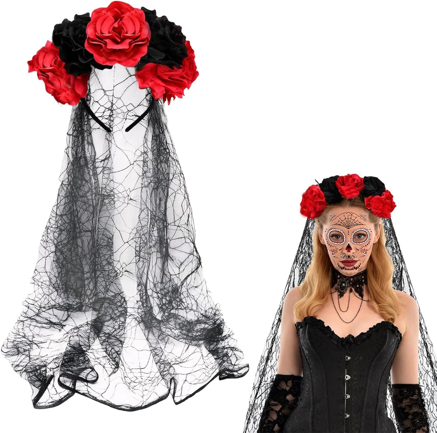 Bloemen kroon sluier tiara met sluier rood zwart Halloween kostuum Mexicaanse hoofdband voor festival carnaval feest, bruids, dag van de doden, Mexico